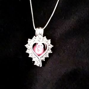 Pink Pearl heart diamond silver Caged Pendant silver water riple 92Italy Chain